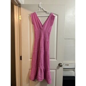 Felicite Pink Cotton Gauze Smocked Tiered Midi Dress Size 3 Medium V-Neck USA